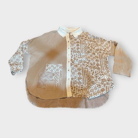 Miss Me Top Womens Size Medium Tan White Button Down Patchwork Floral Gauzy NWOT - Picture 1 of 9